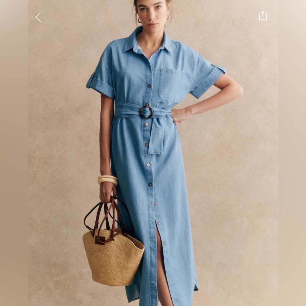 Sezane Light Blue Denim Midi Shirt Dress